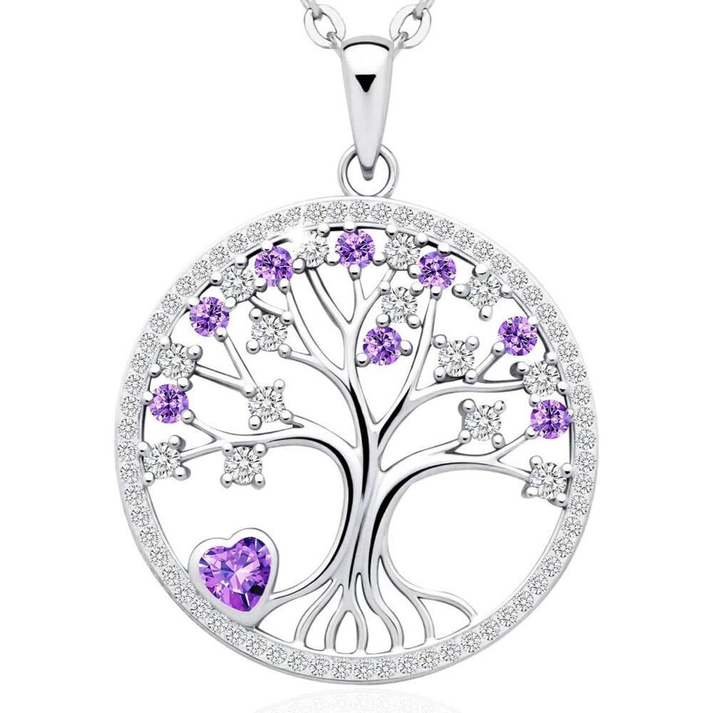 Women's Purple Sterling Pendant Charm Adjustable Chain Birthstone Tree Necklace